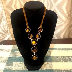 Leather Cord Amber-Tone Circle Pendant Necklace